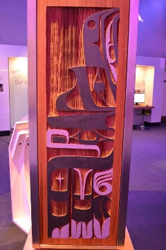 Raven side of Interactive Language Light Pillar by Francis Dick of the Kwakwaka'wakw